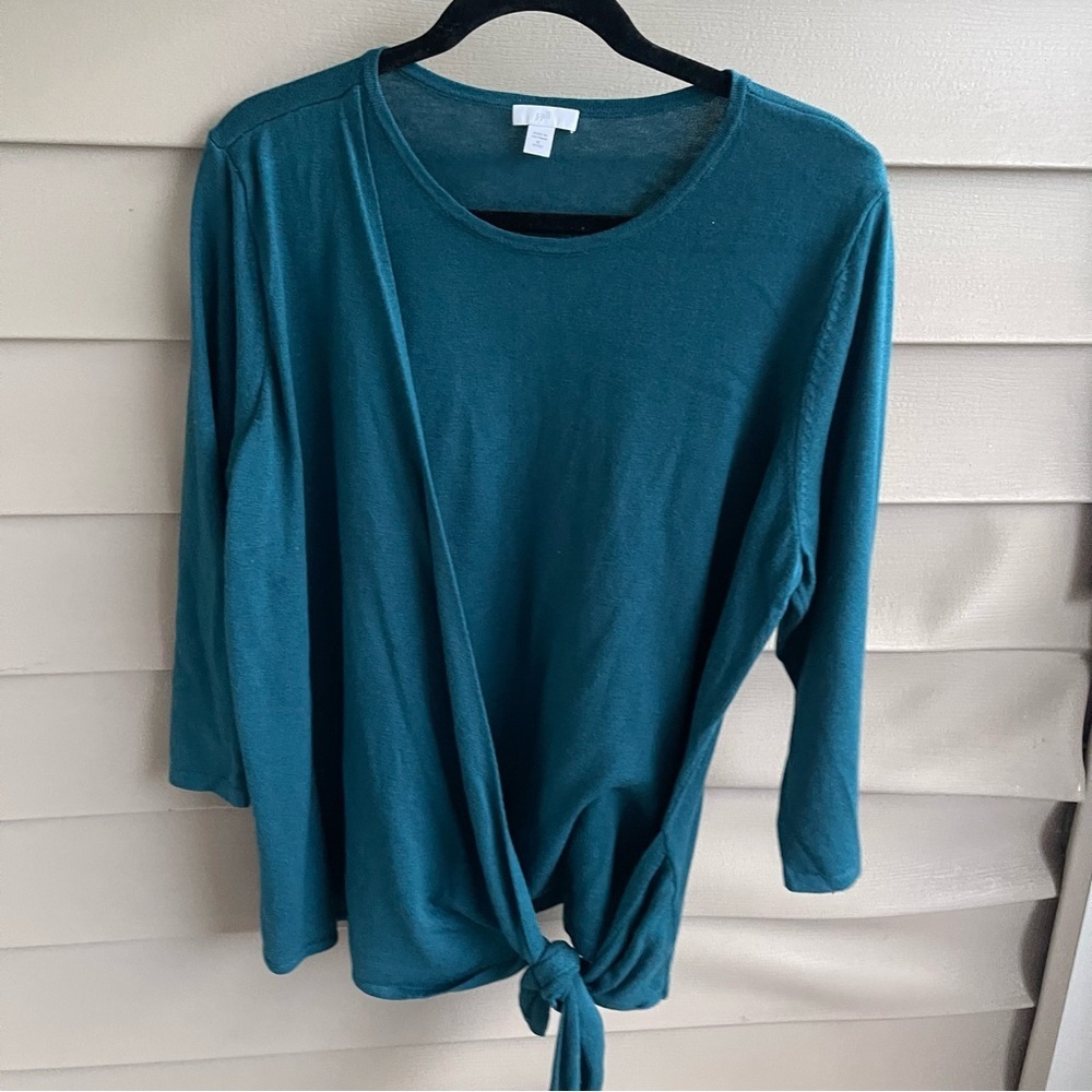 J Jill Top Womens XL P Teal Blue‎ Bow Tie Faux Wrap Shirt Half Quarter Sleeve
